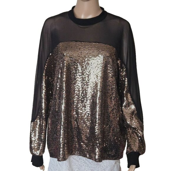 Nine West Women's Black Gold Sequins Knit Sheer Mesh Long Sleeve Top Size L - Picture 1 of 8